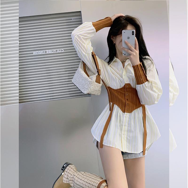 COZOKC COZOK Áo sơ mi tay dài cổ vuông eo cao thời trang mùa thu cho nữ