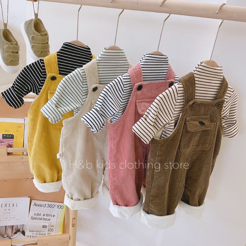 Yếm nhung tăm phối áo kẻ zip hàn siêu cute cho bé yêu