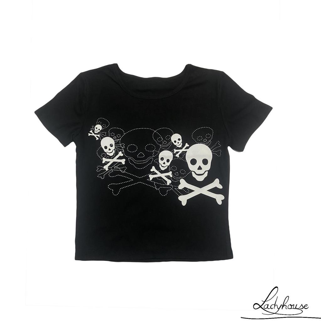 Áo Thun T-shirt Tay Ngắn Cổ Tròn In Hình Đầu Lâu Màu Sắc Tương Phản Phong Cách Punk Dành Cho Nữ