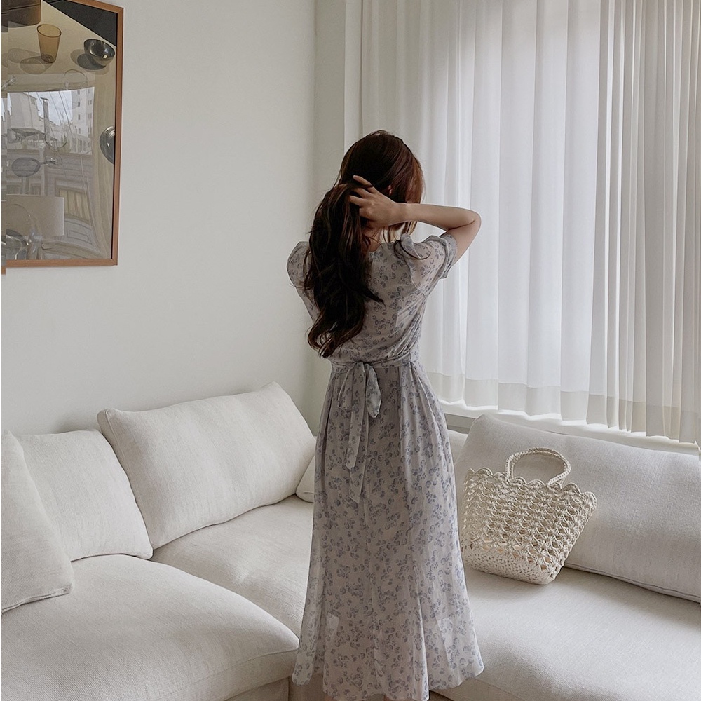 SUXI Đầm Tay Ngắn Cổ Chữ V Họa Tiết Hoa Thiết Kế Đơn Giản Phong Cách Vintage