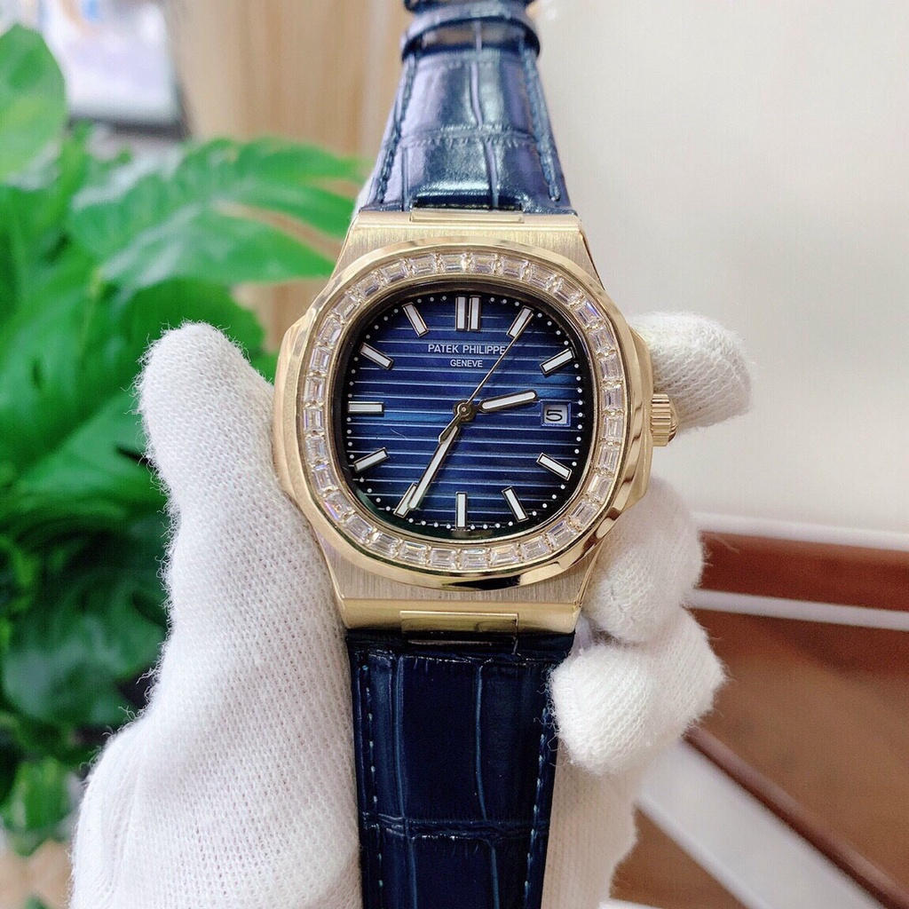 Đồng hồ Nam Pt vuông cơ Automatic size 40mm vành đá mặt xanh vỏ vàng gold và vàng hồng dây da