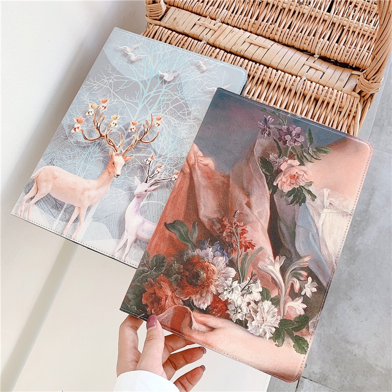 iPad Case - 10.2 / Air 3 / Pro 10.5 PU Leather Classical Oil Painting Flower Deer Casing Cover Accessories Gadgets iPad Pro 2020 11 9.7 10.5 iPad Mini Air 5 4 3 2 1 iPad 10.2 7.9 Colorful Apple Case