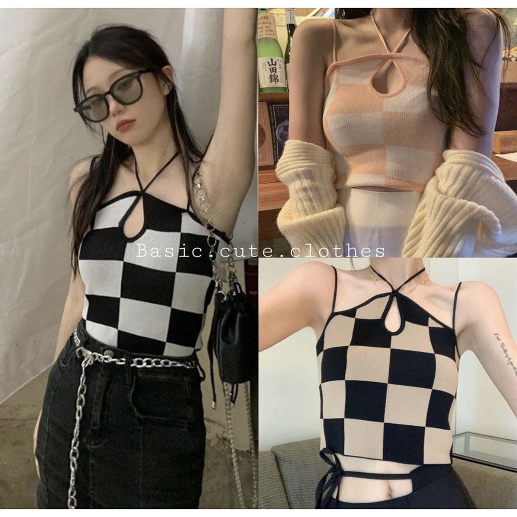 Áo croptop 2 dây đan chéo cổ dáng ôm body hoạ tiết caro SẴN TRẮNG