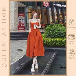Đầm midi 2 dây cam đất nhẹ nhàng
