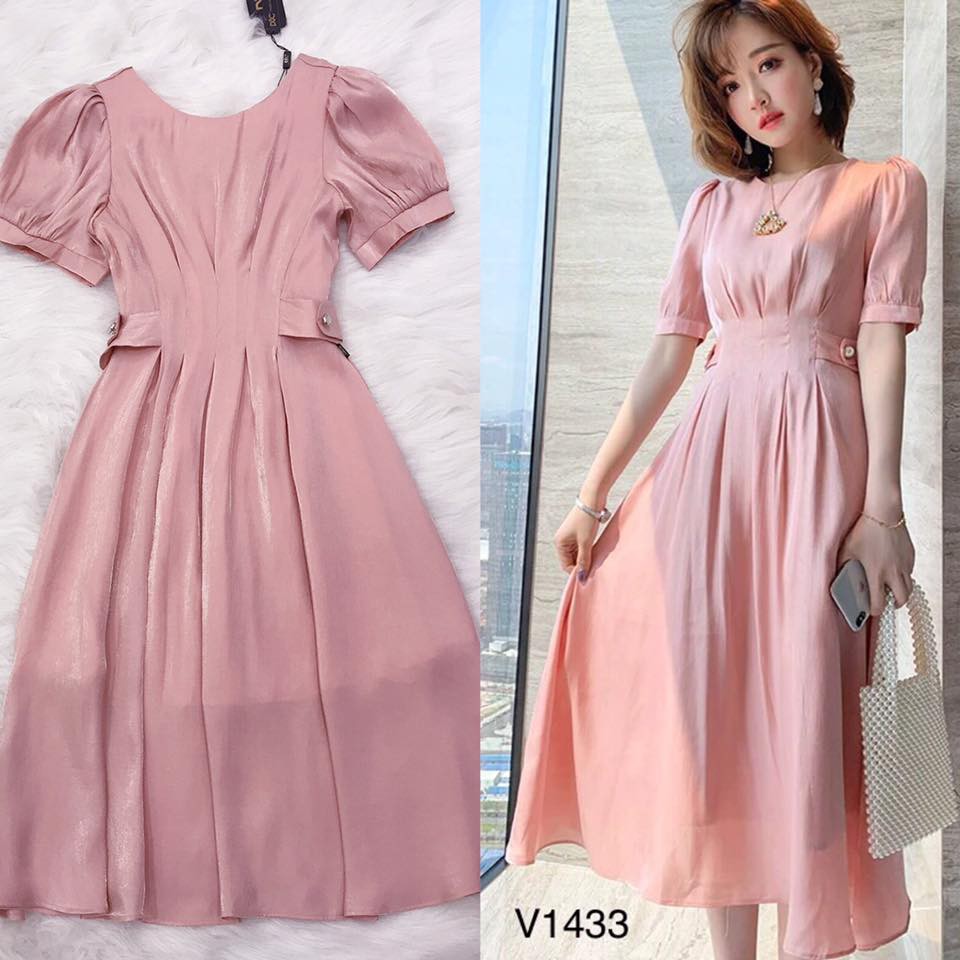 Váy Đũi tơ màu hồng hai lớp chất rất mát v1433 - DVC (kèm ảnh thật trải sàn shop tự chụp) MH