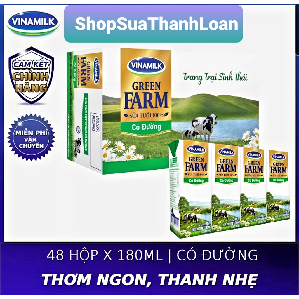 [HSD T5-2022] Thùng 48 Hộp Sữa Tươi Vinamilk Green Farm Có Đường 180ml