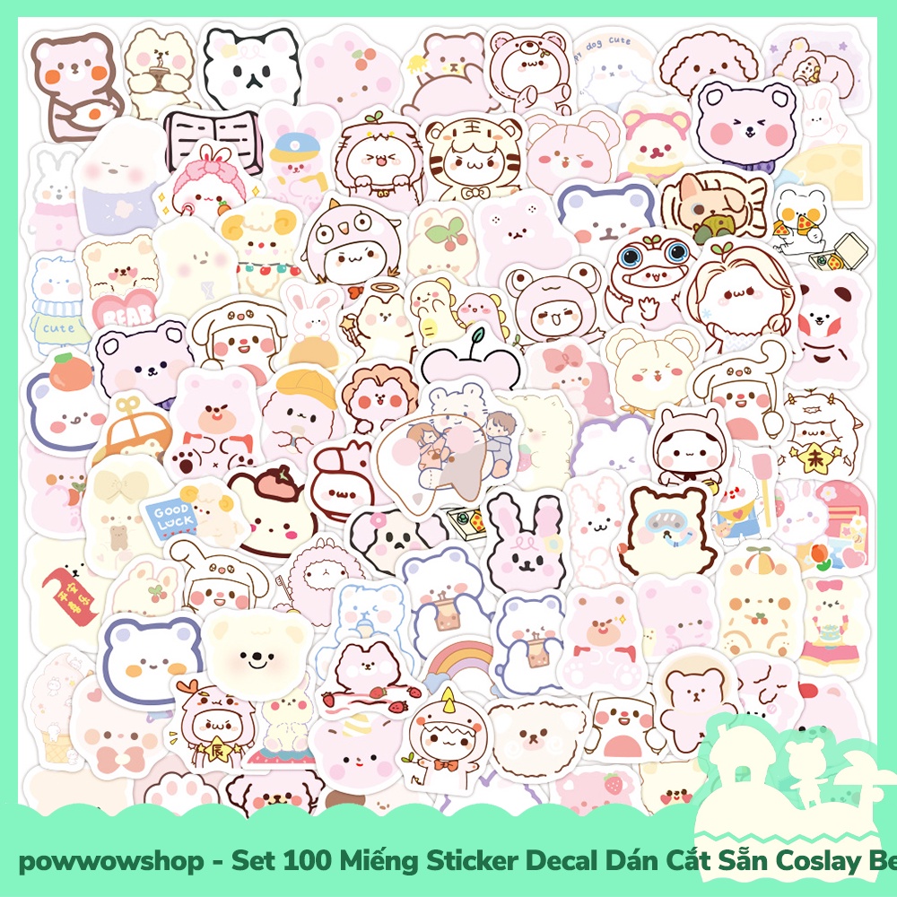 [Sẵn VN - Hỏa Tốc] Set 100 Miếng Sticker Decal Cắt Sẵn DIY Dán Trang Trí Vật Dụng Mẫu Cosplay Cute Bear Babie