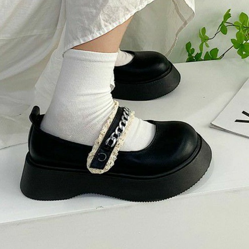6:30PM Order Mã 020 Giày oxford ulzzang hot trend mũi tròn quai ngang phối viền bèo ren lolita khóa bạc đế thô 5cm