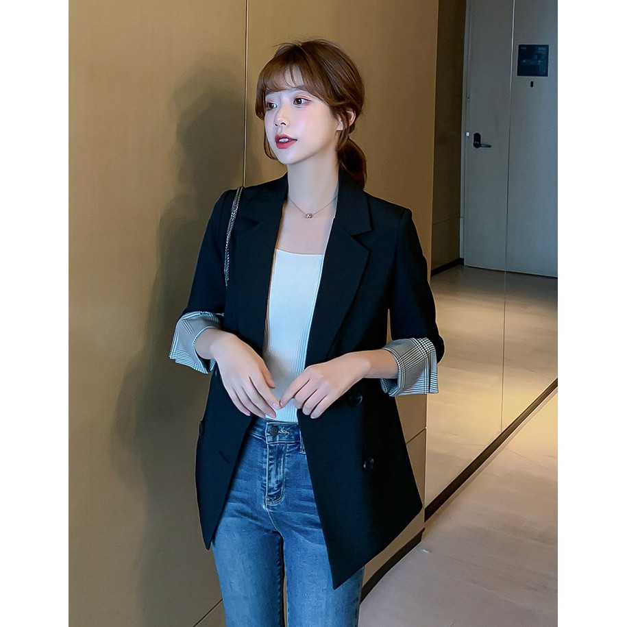 Áo Blazer màu đen cổ tay caro, áo vest công sở kiểu hàn quốc, áo khoác blazer chất vải cao cấp TN1318-Đn