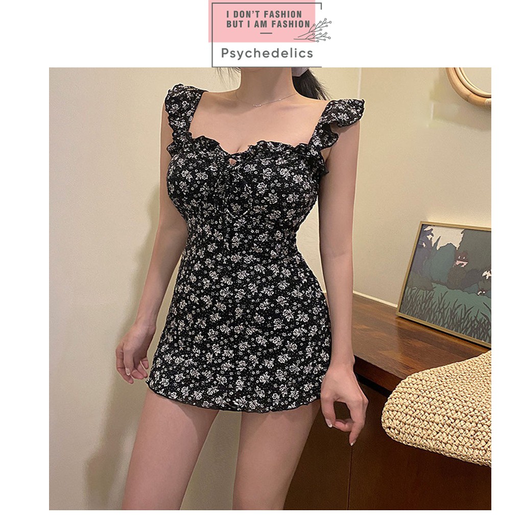 Bộ Bơi Hoa Nhí Đen Viền Ren Hàn Quốc