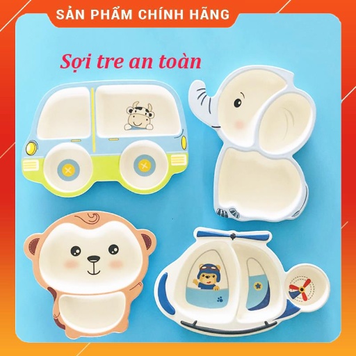 Khay ăn dặm chia ngăn hình thú sợi tre an toàn, không chứa hóa chất độc hại cho bé