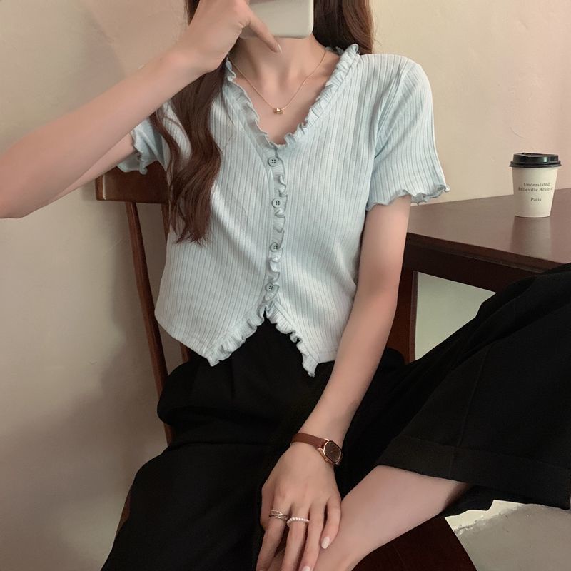 áo croptop ngắn tay áo sơ mi cổ chữ v thời trang dành cho nữ