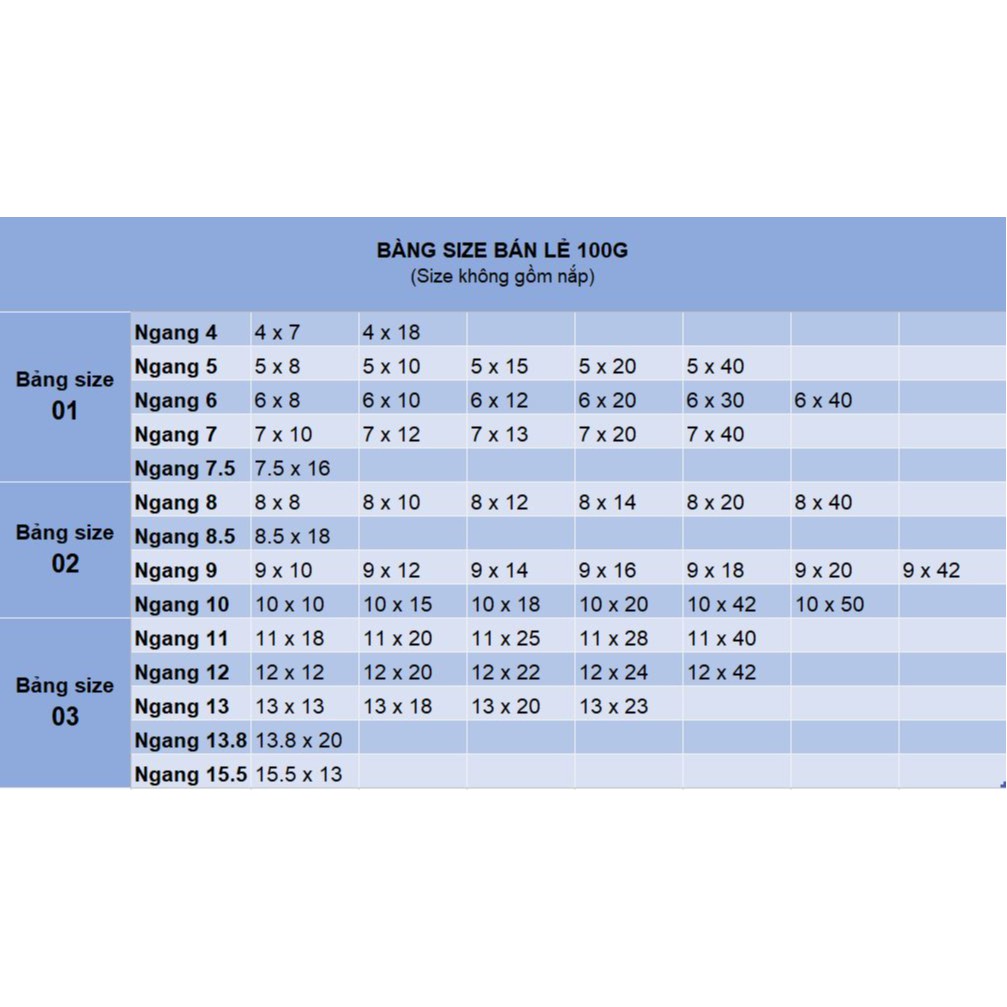 [BẢNG SIZE 01] 100g Túi bóng kiếng OPP trong có keo dán SIZE NHỎ