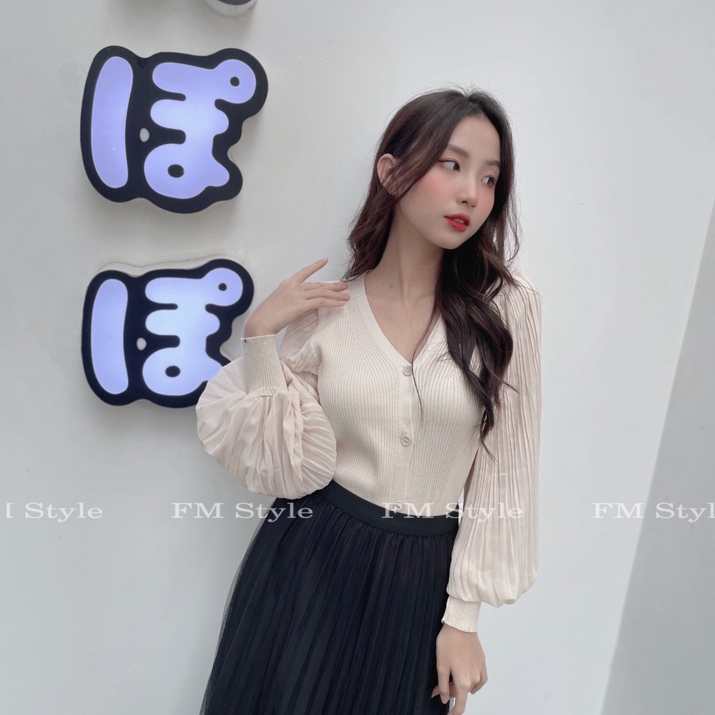 Áo kiểu FM Style, áo cổ V tay bồng, chất len phối voan 4 nút, thời trang