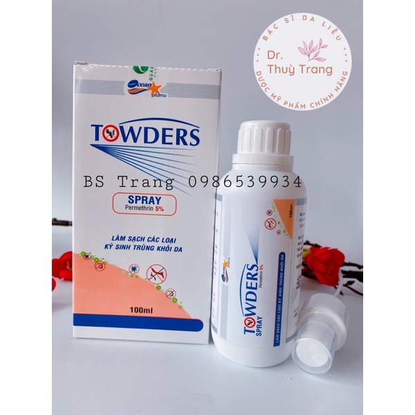 TOWDERS SPRAY 150ML. xịt ghẻ PERMETHRIN 5%. Towder spray LÀM SẠCH CÁC LOẠI KÝ SINH TRÙNG KHỎI DA