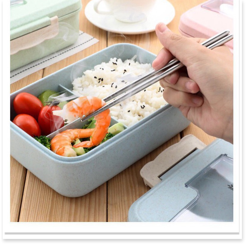 Hộp đựng cơm lúa mạch 3 ngăn giữ nhiệt tốt hâm nóng được trong lò vi sóng tặng kèm đũa thìa inox