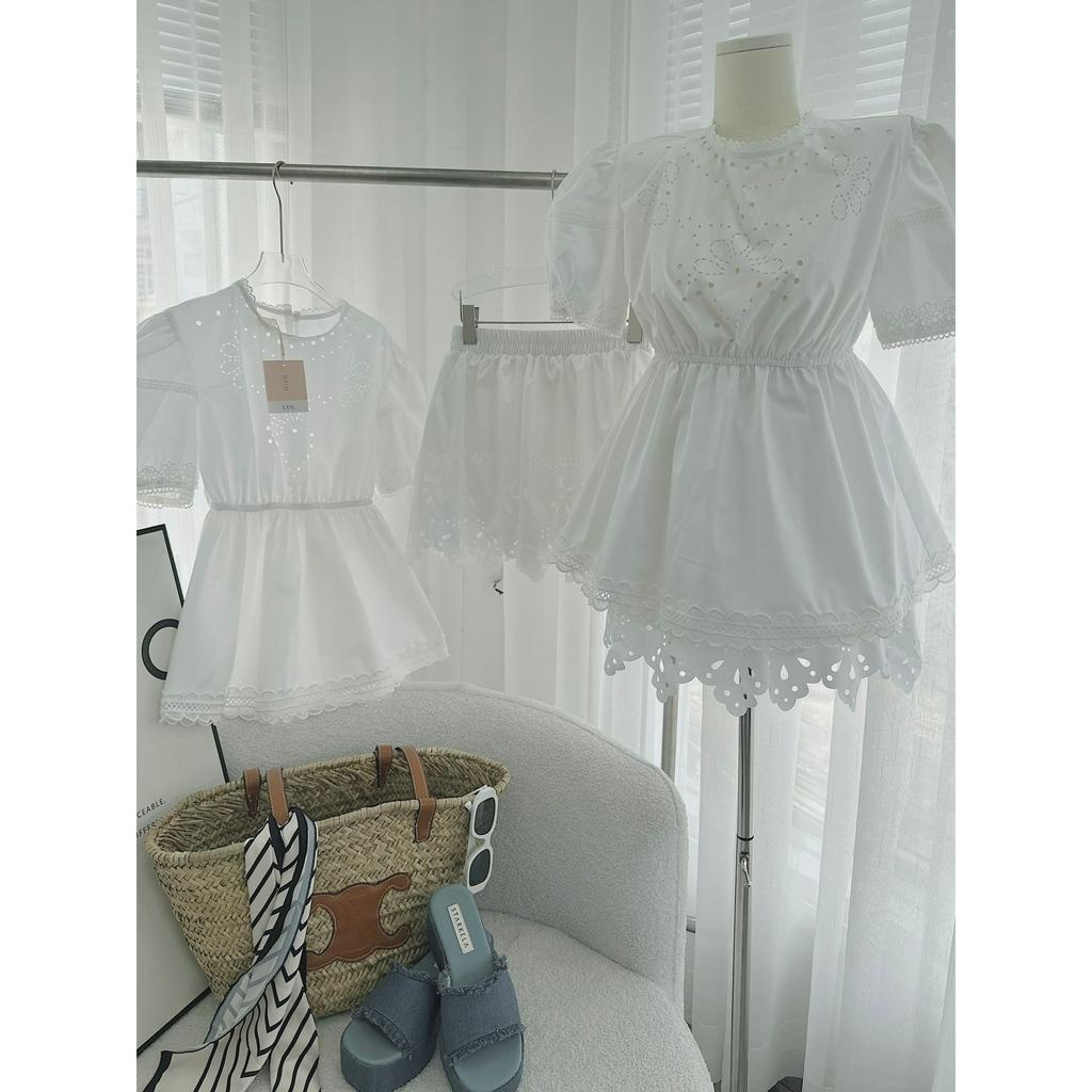 SET ÁO BBD ĐỤC LỖ REN BO CHUN NGỰC + QUẦN SHORT REN ĐỤC LỖ (TH)