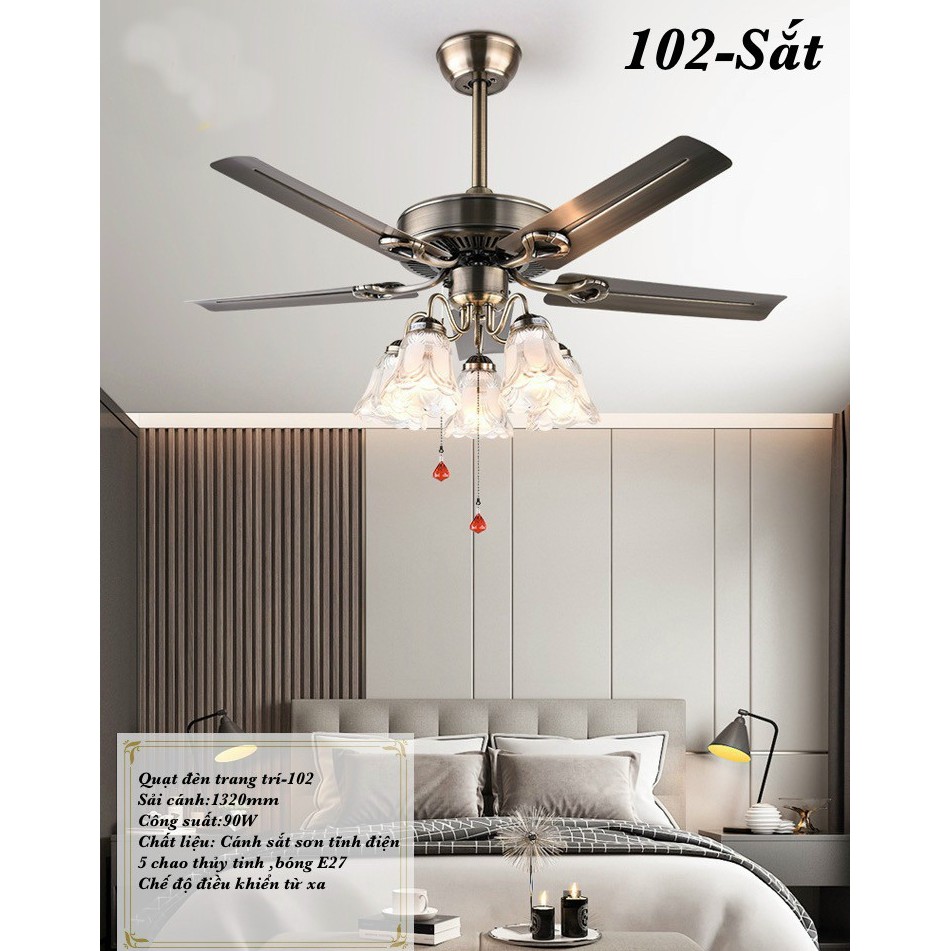Quạt Trần Đèn 5 Cánh Thép Q102,Động Cơ 90W Có Điều Khiển Từ Xa,Tặng Kèm Bóng Led Cao Cấp-Bảo Hành 2 Năm