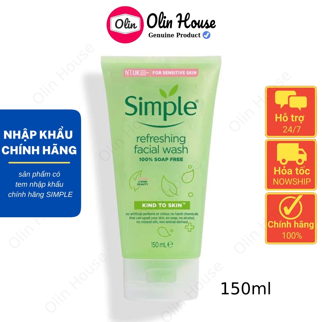 Sữa rửa mặt Simple Gel Kind To Skin Refreshing Facial Wash Gel 150ml dành cho mọi loại da - Olin House