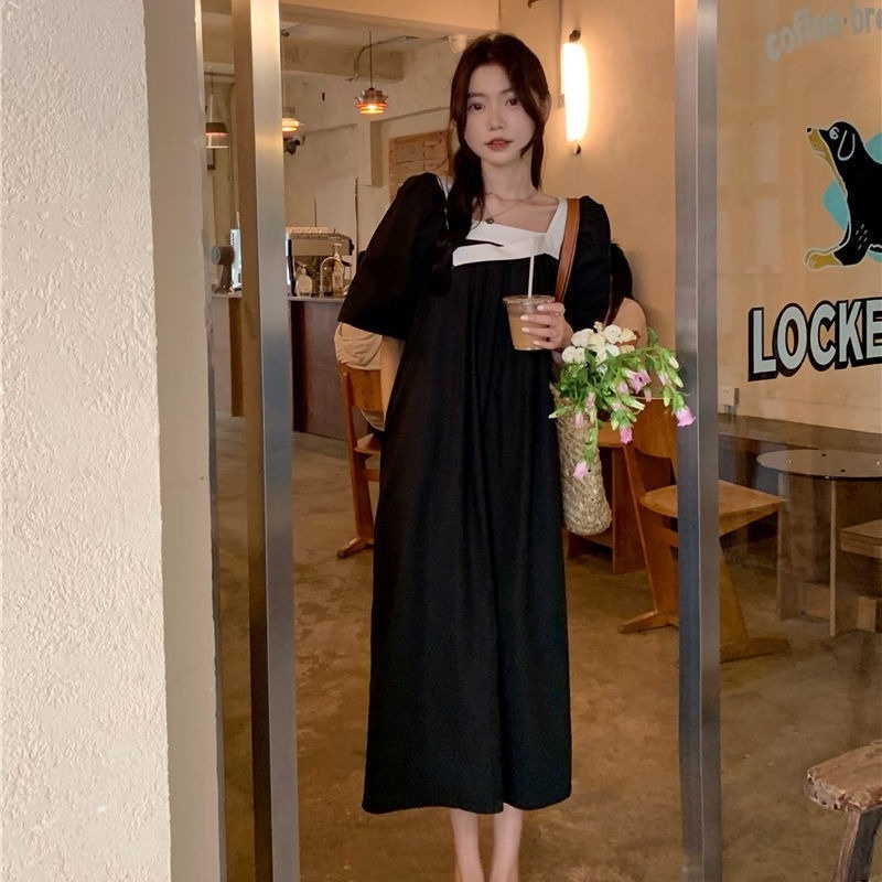 Plus Đầm Midi Cổ Vuông Tay Ngắn Dáng Rộng Thời Trang Mùa Hè Hàn Quốc 2022 Cho Nữ