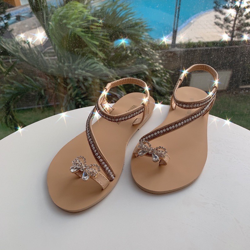 sandal đế bệt xỏ ngón quai may xoàn đính nơ đá siêu xinh