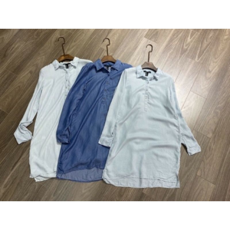 Denim collared shirt dress f21 vnxk đầm sơ mi jean giấy tay dài form suông forever 21 xuất khẩu dư xịn