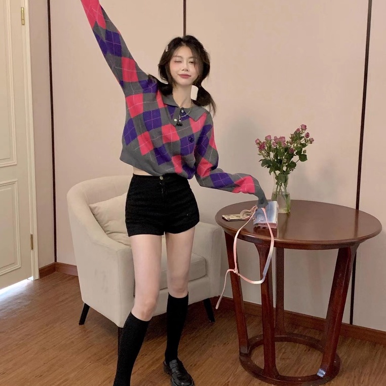 [Hana And Alice] Áo Sweater Dệt Kim Tay Dài Dáng Rộng Cổ POLO Họa Tiết Hình Thoi Dễ Thương