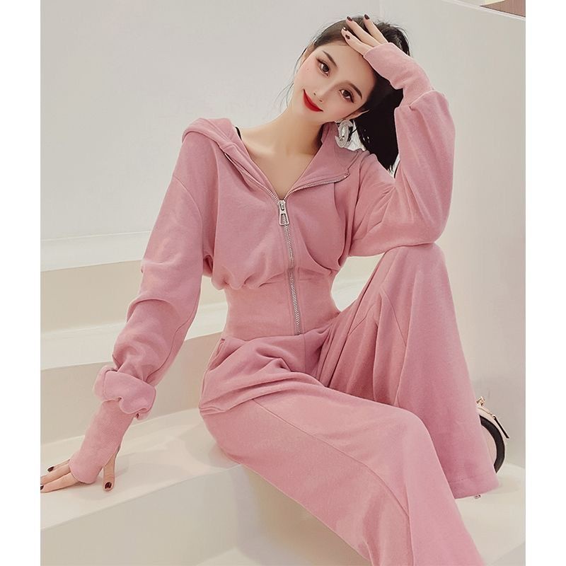 Bộ áo khoác thể thao đơn/suit suit nữ mùa thu 2021 áo khoác cardigan mới, quần ống rộng, bộ hai mảnh