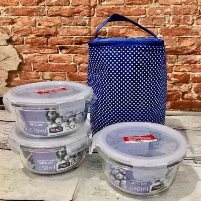 Bộ hộp cơm thủy tinh giữ nhiệt Lock & Lock. Gồm :- 3 thố thủy tinh Lock & Lock 650 ml +1 túi giữ nhiệt. Còn vài bộ sale