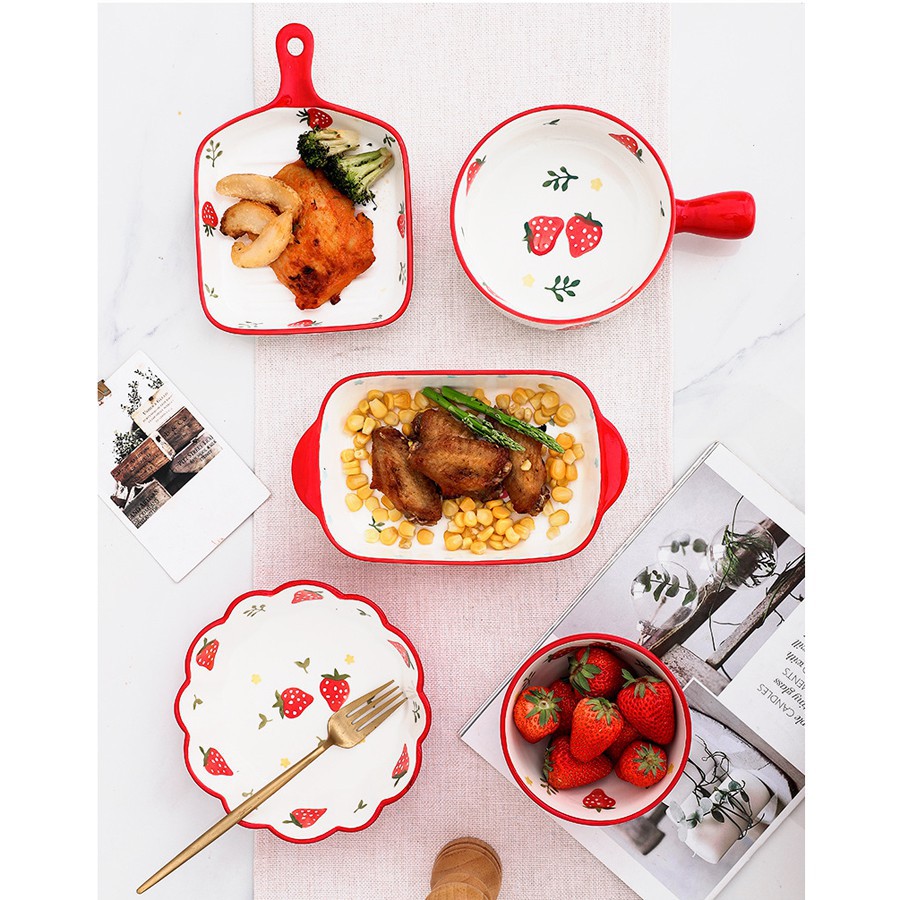 Bát đĩa, bát đĩa sứ phong cách Hàn Quốc 8 món họa tiết dâu tây đỏ cực xinh