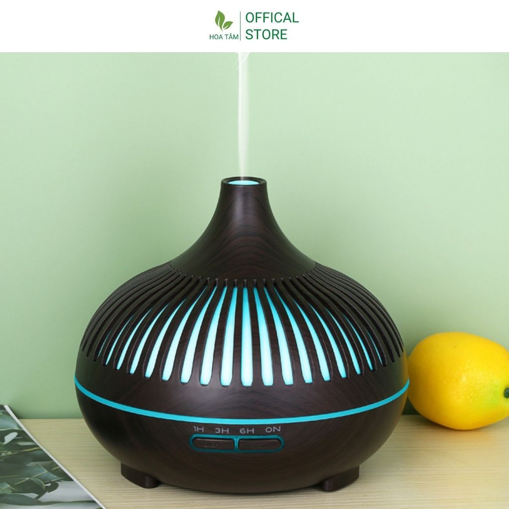 Máy xông tinh dầu phòng ngủ khuếch tán hương thơm, cổ cao vân gỗ, có điều khiển 550ml đèn led 7 màu