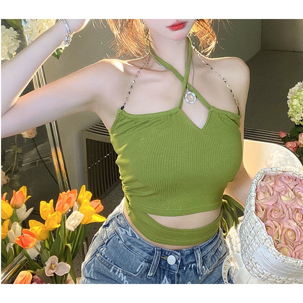 Áo Dệt Kim Hai Dây Dáng Ngắn Màu Xanh Lá Thời Trang Cho Nữ