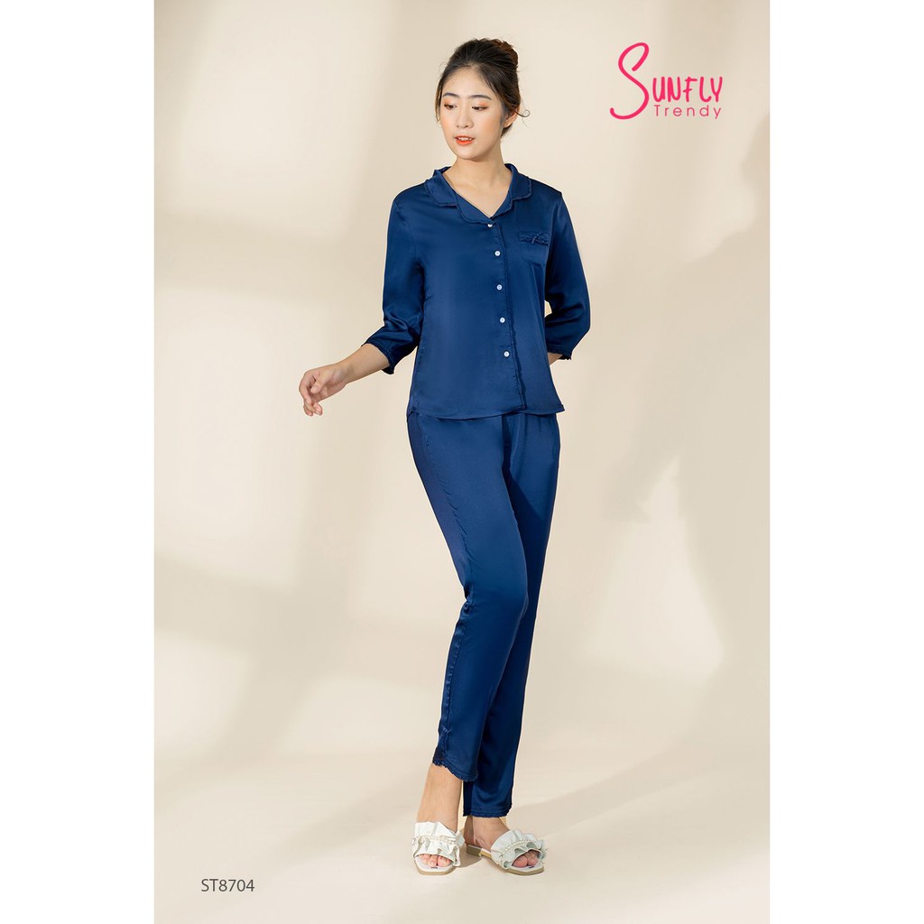 ST8704 Bộ đồ mặc nhà nữ pijamas SUNFLY lụa áo tay lỡ quần dài
