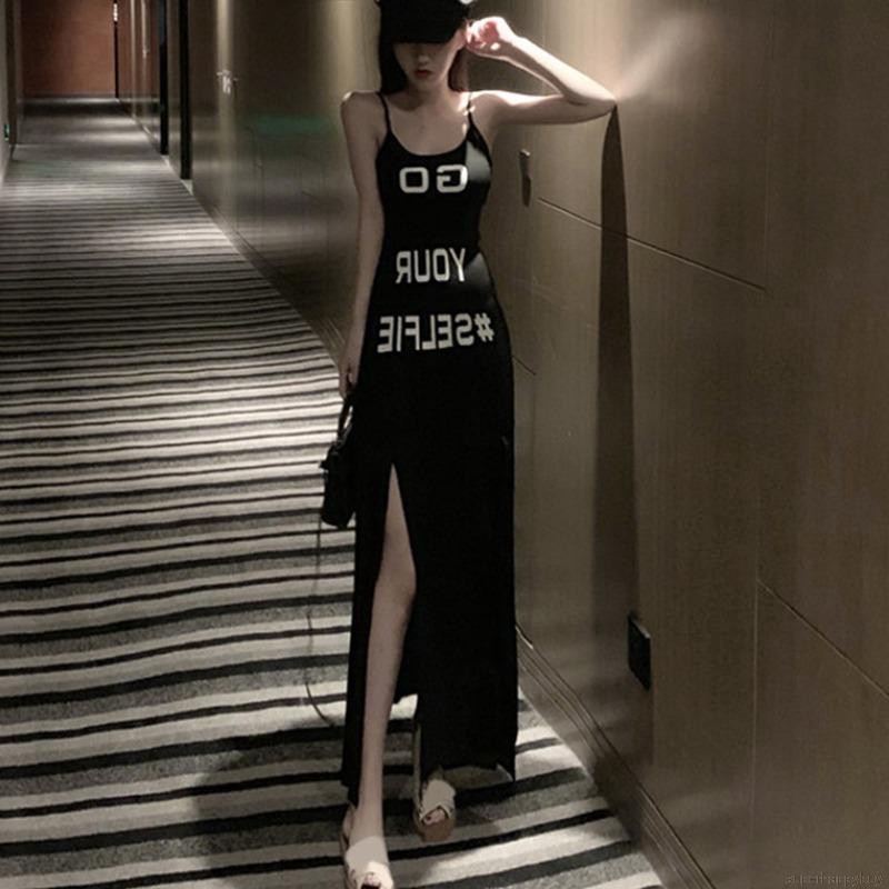 Đầm hai dây dáng dài in chữ xẻ tà cao quyến rũ cho nữ | BigBuy360 - bigbuy360.vn