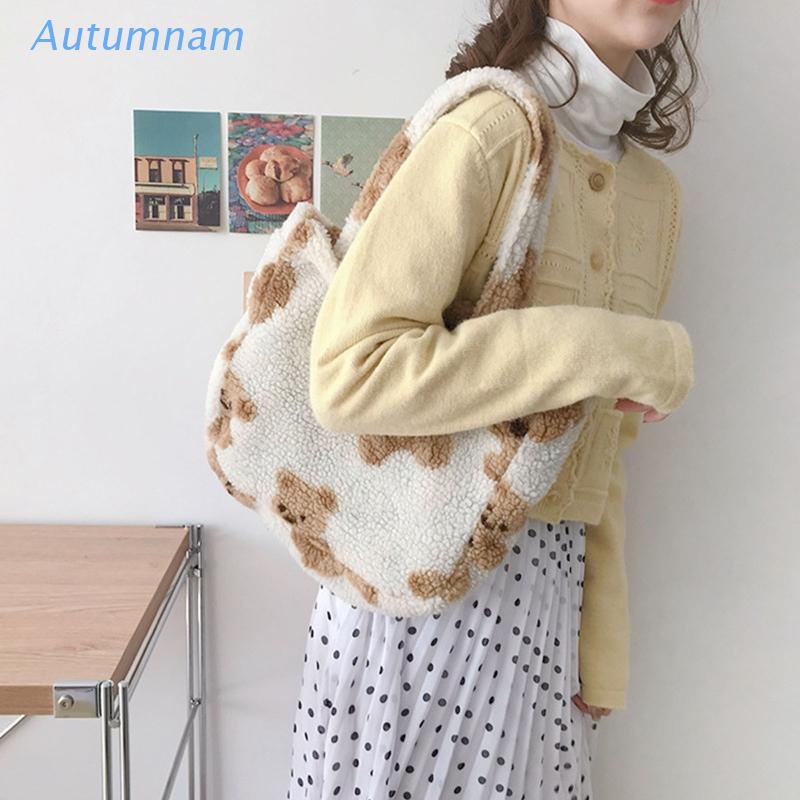 Túi Tote Đeo Vai Phủ Lông Cừu Giả Họa Tiết Gấu Hoạt Hình Thời Trang Mùa Đông Cho Nữ