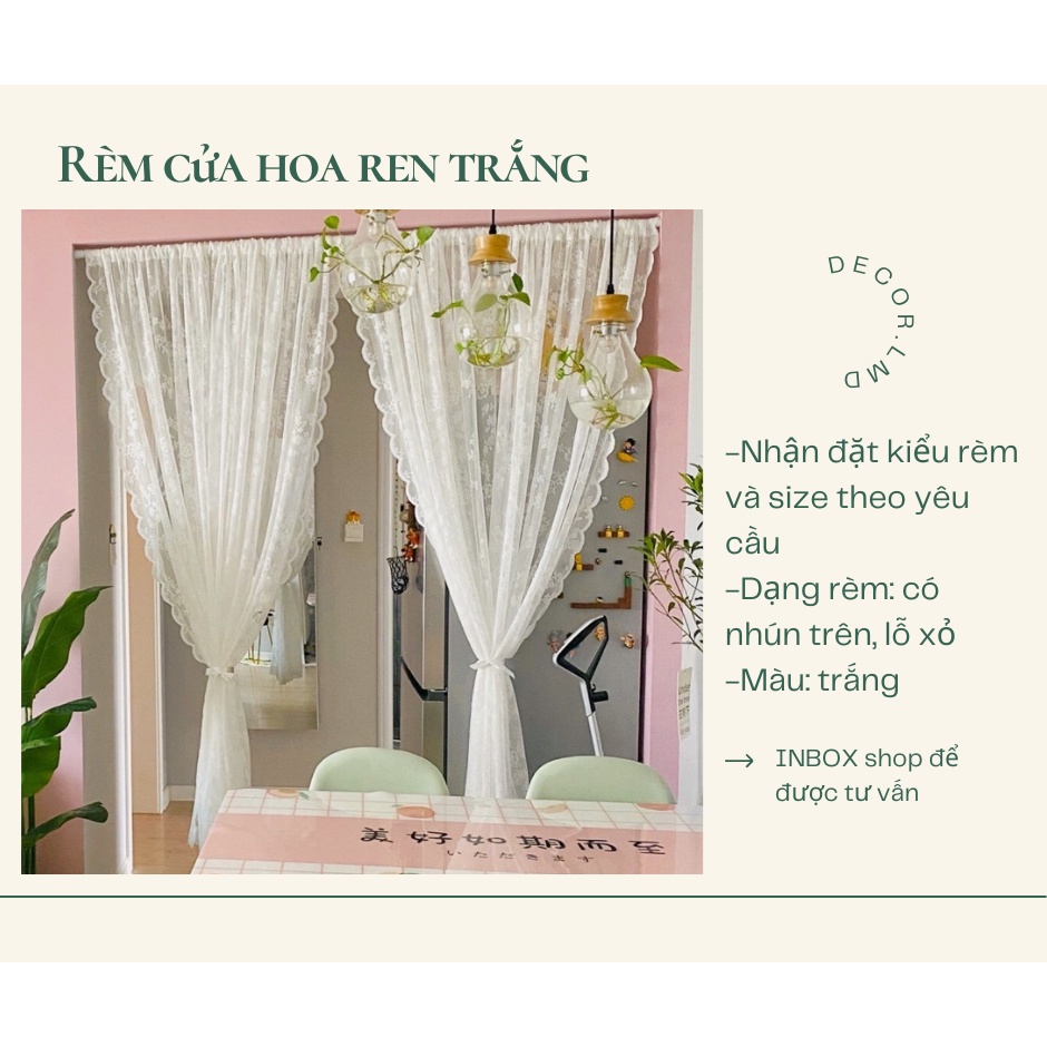 Rèm cửa sổ vải ren, rèm cửa phối ren hoạ tiết hoa trắng cực tây, trang trí phòng phong cách bắc âu