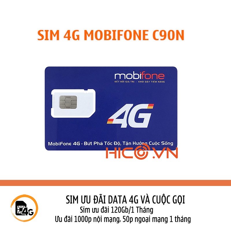 Sim 4G Mobifone Max90, C90N - 120Gb/tháng - ưu đãi nghe gọi1000 phút gọi nội mạng và 50 phút gọi ngoại mạng 1 tháng