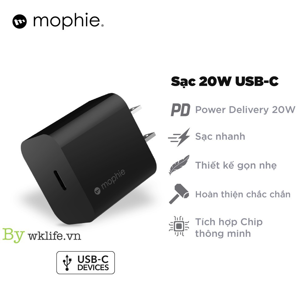 [Mã 2404EL10K giảm 10K đơn 20K] Củ Sạc Nhanh iPhone 12 Mophie 20W Bảo Hành 1 Đổi 1