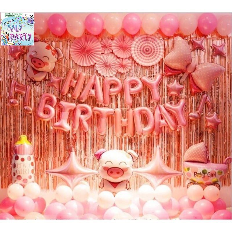 set bóng trang trí sinh nhật bé heo 1 tuổi MS249