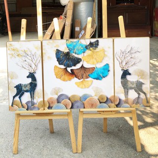 Bộ 3 Tranh hươu nai lá bạch quả, cây kim tiền tráng gương pha lê trang trí phòng khách, phòng ngủ giá rẻ, chất lượng cao