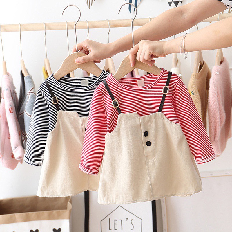 Đầm Tay Dài Kẻ Sọc Giả Hai Lớp Cho Bé Gái