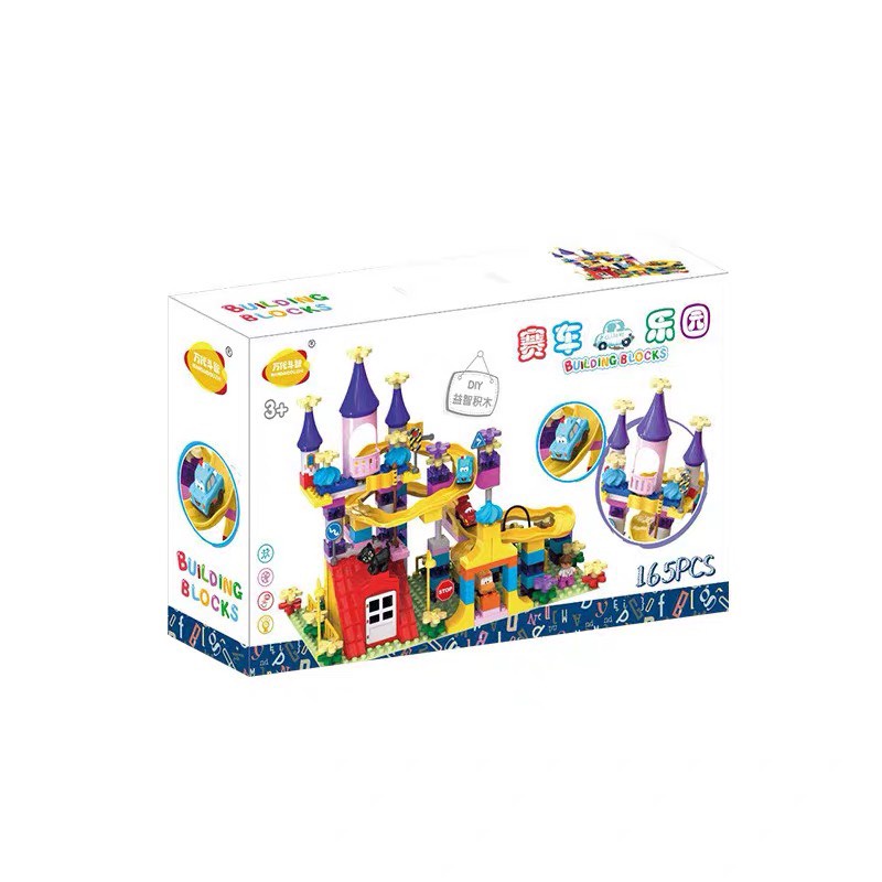 Bộ Xếp Hình lắp ráp khối xây dựng 165 Chi Tiết mô phỏng lâu đài có đường ray trượt ô tô siêu cute