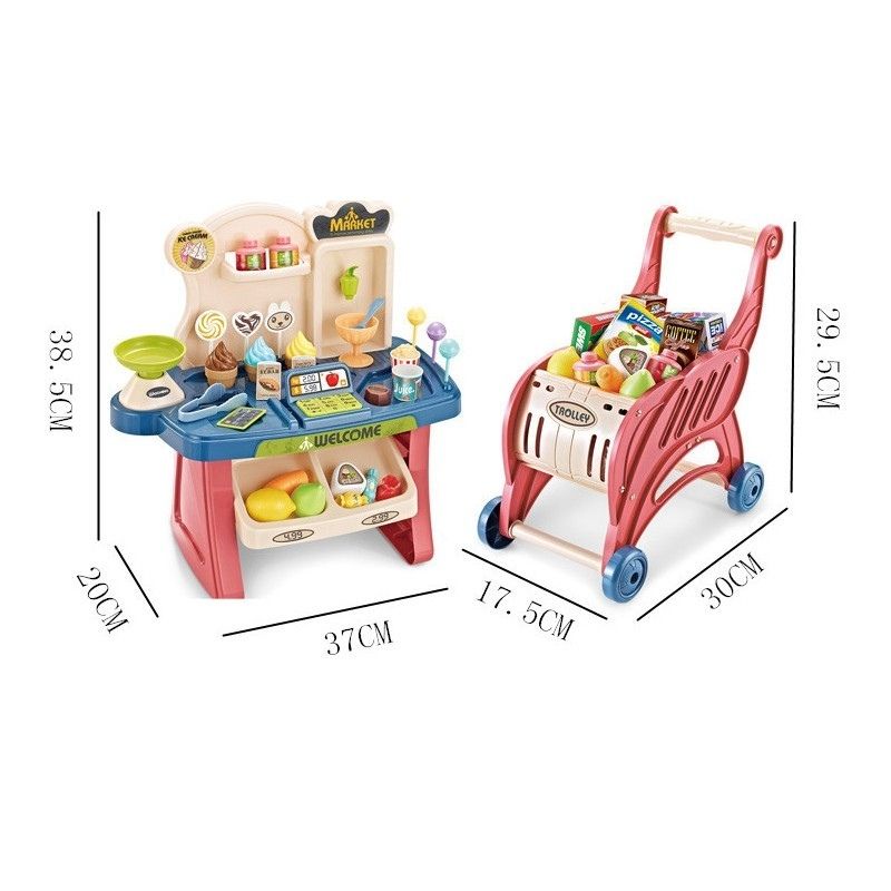 Đồ chơi siêu thị mini cao cấp kèm xe đẩy bán hàng 40 chi tiết có âm thanh, tính năng quẹt thẻ cho bé (BBTOYS: 82)