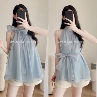 Set áo yếm xanh nơ cổ voan tơ + Quần short kem