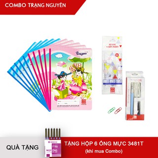 [TẶNG HỘP 6 ỐNG MỰC] Combo "Trạng nguyên 2" - 10 Vở 4 ô ly Trạng nguyên, Eke & Bút máy nét hoa Hồng Hà