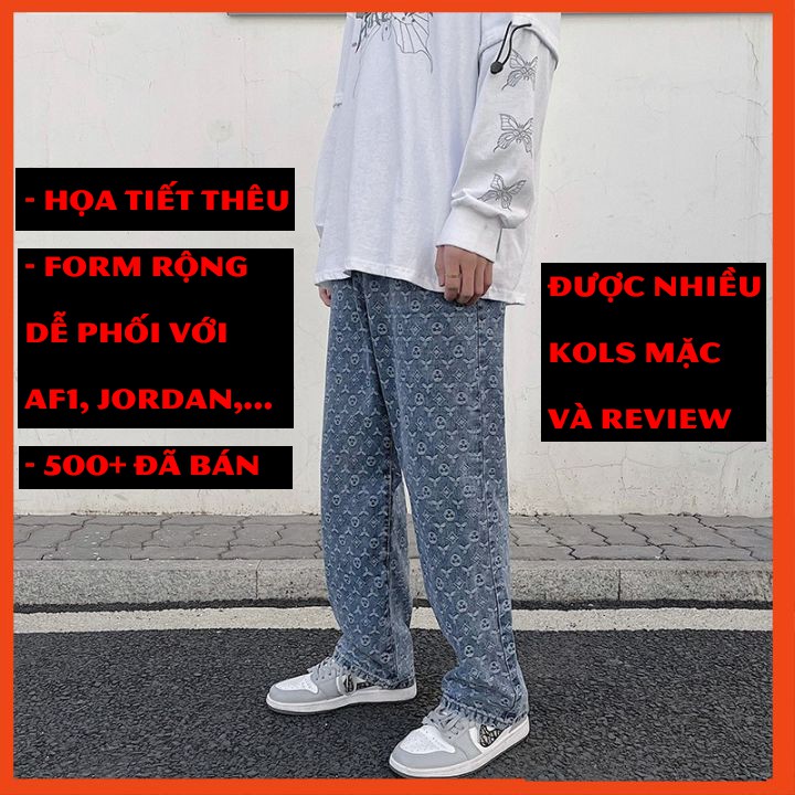 Quần Bò Jean Unisex Ống Rộng Suông Thụng Nam Nữ Oversize Streetwear Thời Trang Đường Phố hoạ tiết full  vân hoa