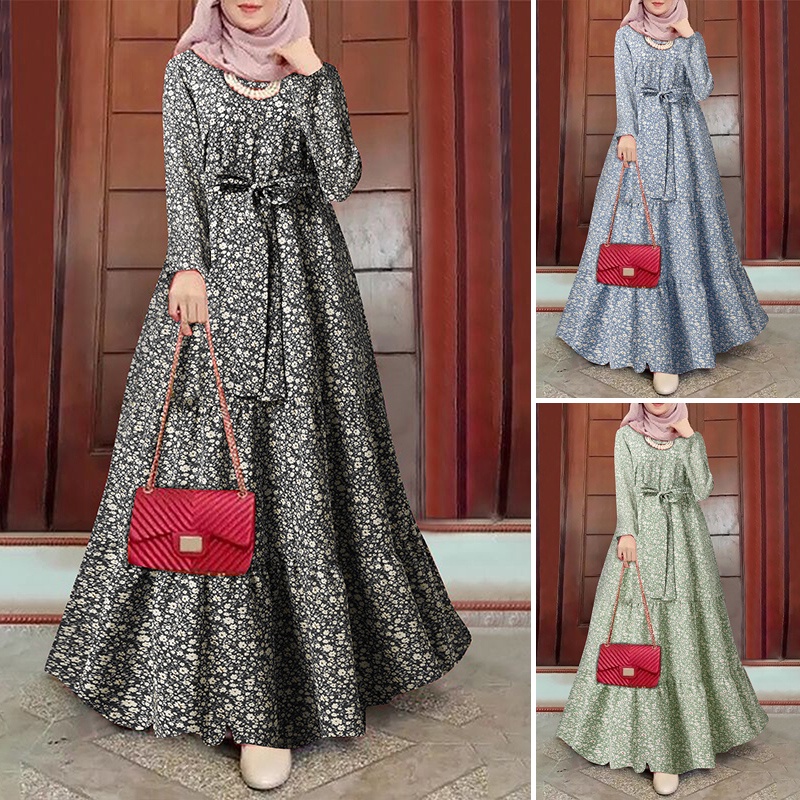 Zanzea Đầm Hoa Thắt Nơ Eo Phong Cách Hồi Giáo Thời Trang Cho Nữ