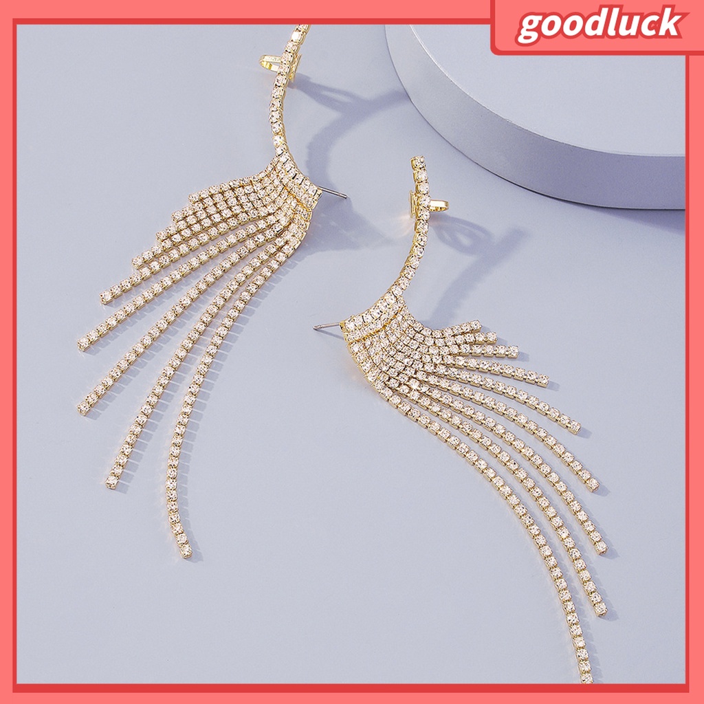 Goodluck| 1 Đôi Bông Tai Dáng Dài Đính Đá Phối Tua Rua Thời Trang Dự Tiệc
