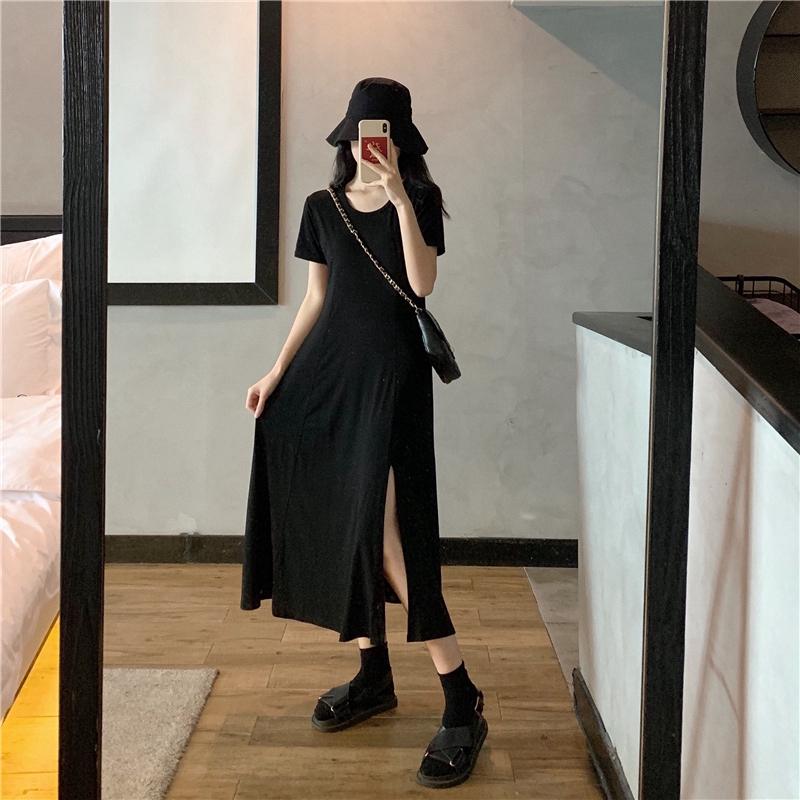 Đầm Thun Màu Trơn Thiết Kế Xẻ Tà Phong Cách Hàn Quốc Cho Nữ