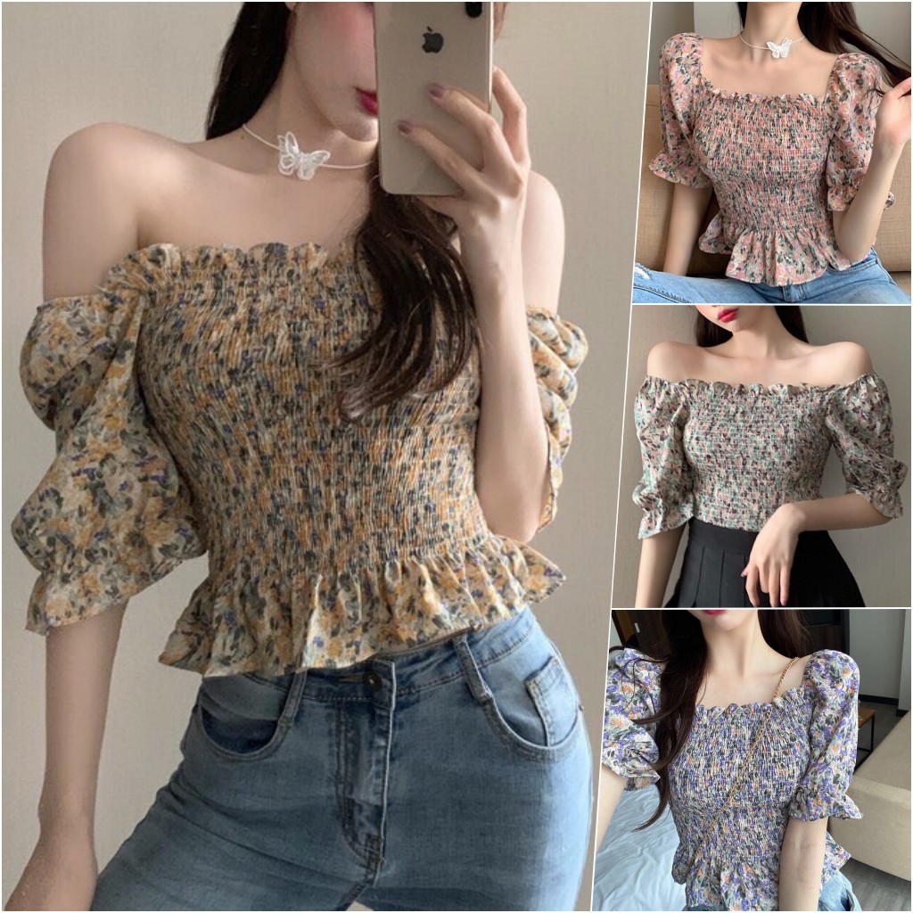 Áo kiểu trễ vai hoa nhí